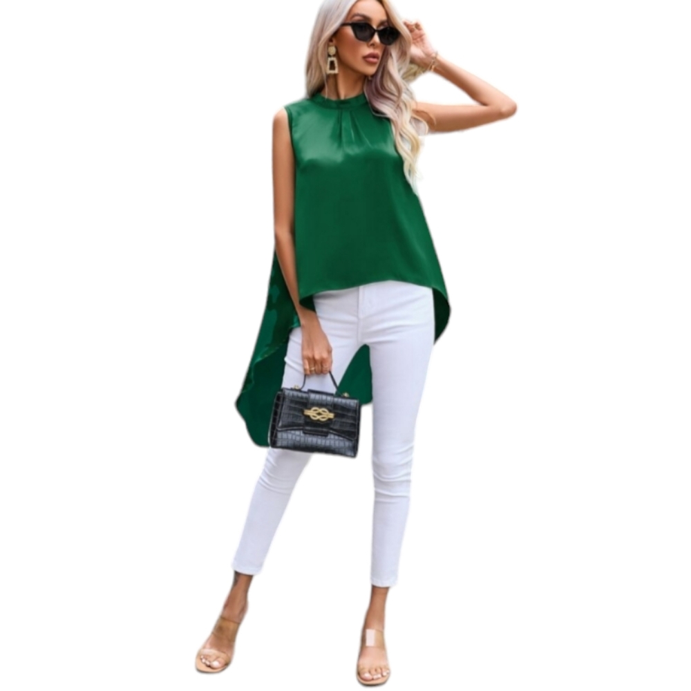 Women's Tunic Top Plus Size XXL Green Sleeveless Satin Blouse Shirt